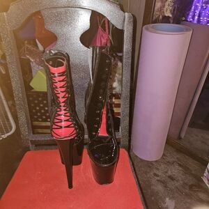 Pleaser Black and Red Lace Up Platform Boots
